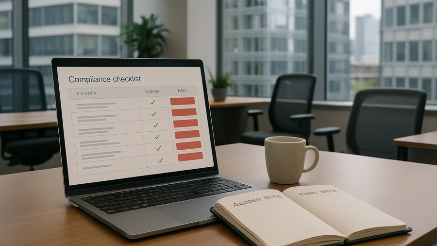 Laptop displaying compliance checklist in office