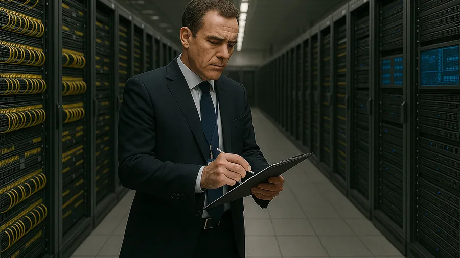 Man inspecting server room equipment.