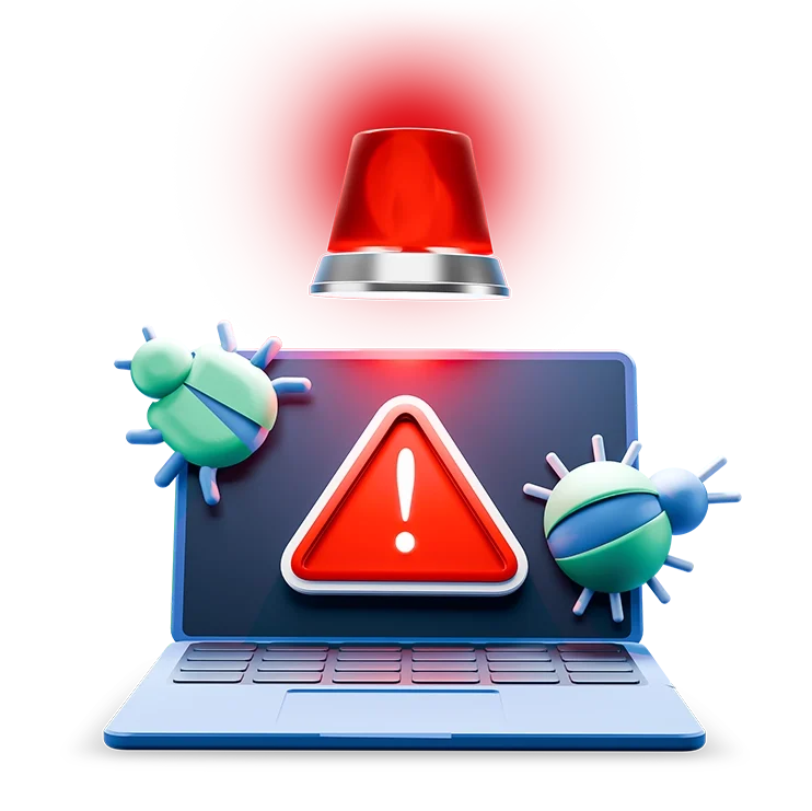 Laptop with a siren above it, exclamation mark on-screen and a virus coming out of it