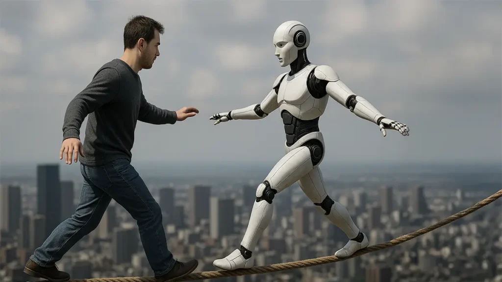 Man and robot waling on a tightrope