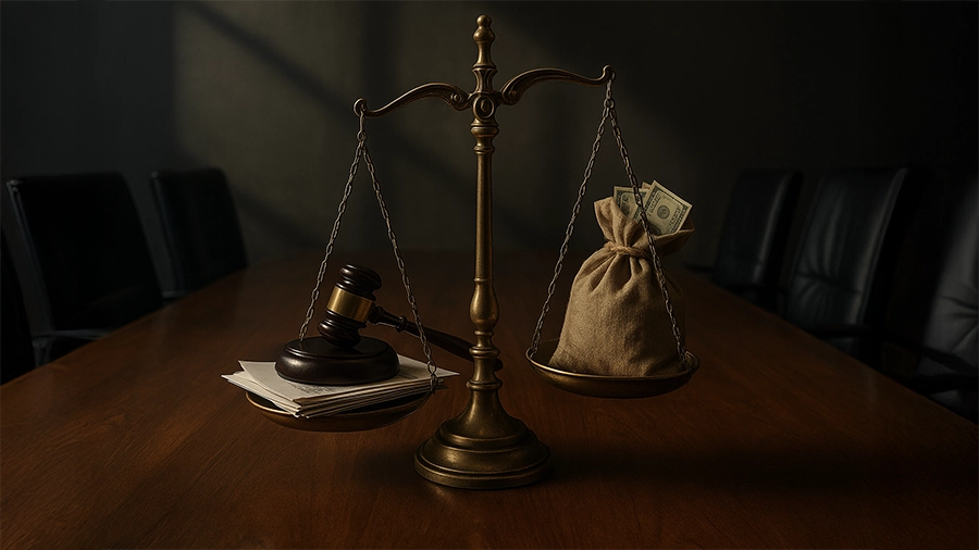 a gavel and money on a scale