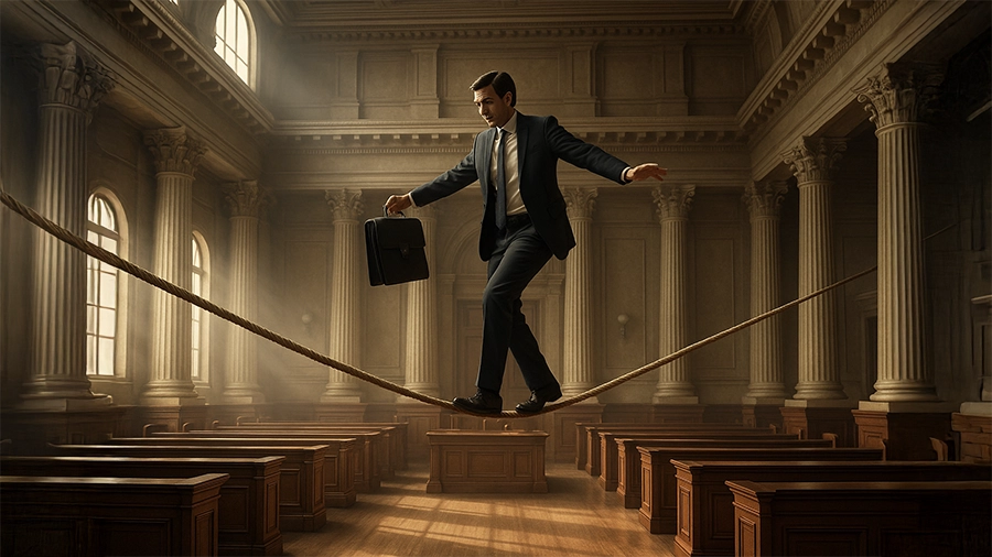 a man walking on a tightrope in a courtroom