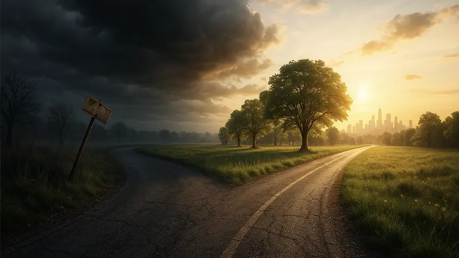 A path that divides off into two. One side is dark and miserable and the other one is light and enticing.