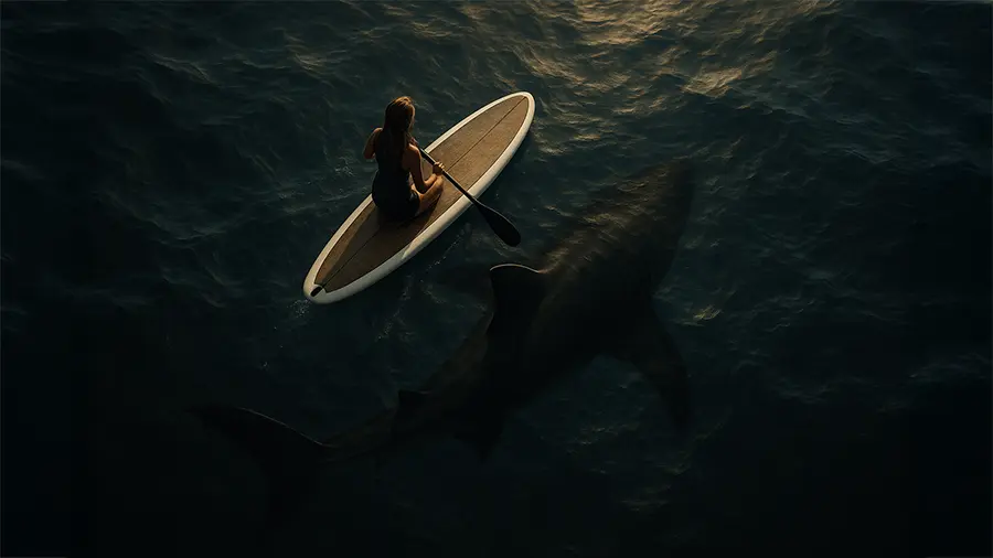 Woman on a paddle board with a shark below in the water showing hoe security debt can hide in plain sight