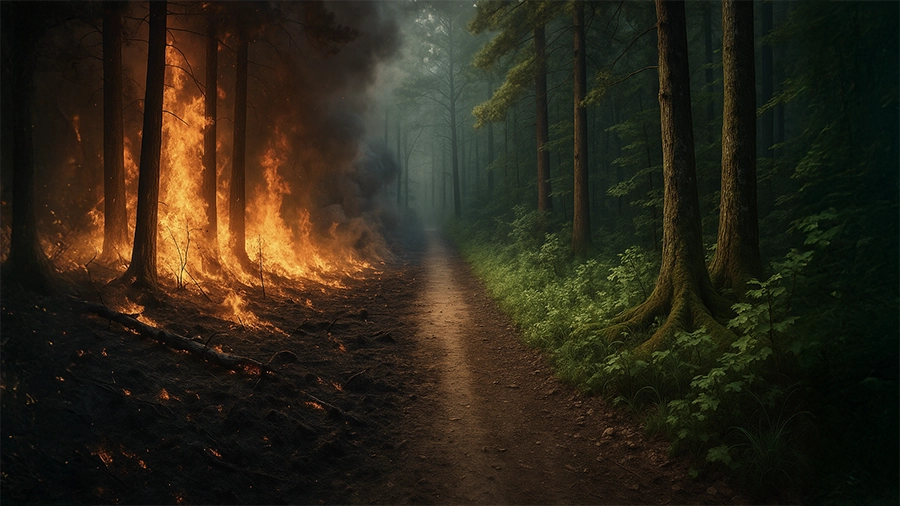 a forest fire with trees and smoke
