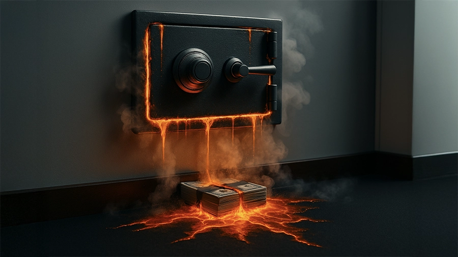 a safe with a fire coming out of it