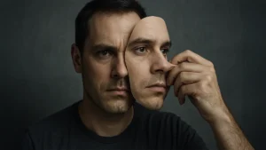 Man peeling a face back showing how a deepfake imitates your identity