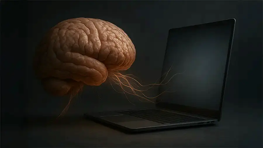 Brain attached to a laptop feeding intelligent information 