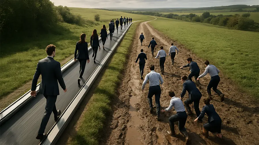 two pathways. One of which has people being accelerated through to show how shifting left in cyber resilience allows for a faster innovation. The right hand side has people slow and stuck in the mud showing that if you stick with the same ways you will not innovate as quickly.