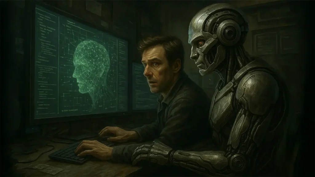 Man and an AI robot collaborating on threat intelligence