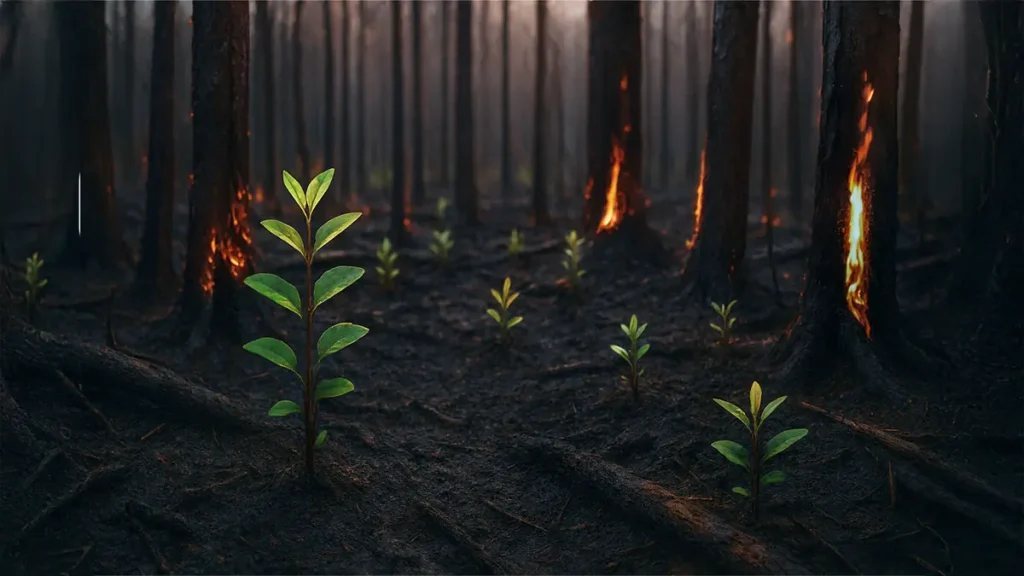 New plants growing out of a burnt forest showing cyber resilience.