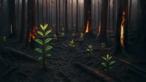 New plants growing out of a burnt forest showing cyber resilience.