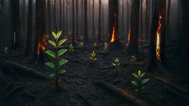 New plants growing out of a burnt forest showing cyber resilience.