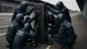 Formula 1 Team working on cyber security equipment.