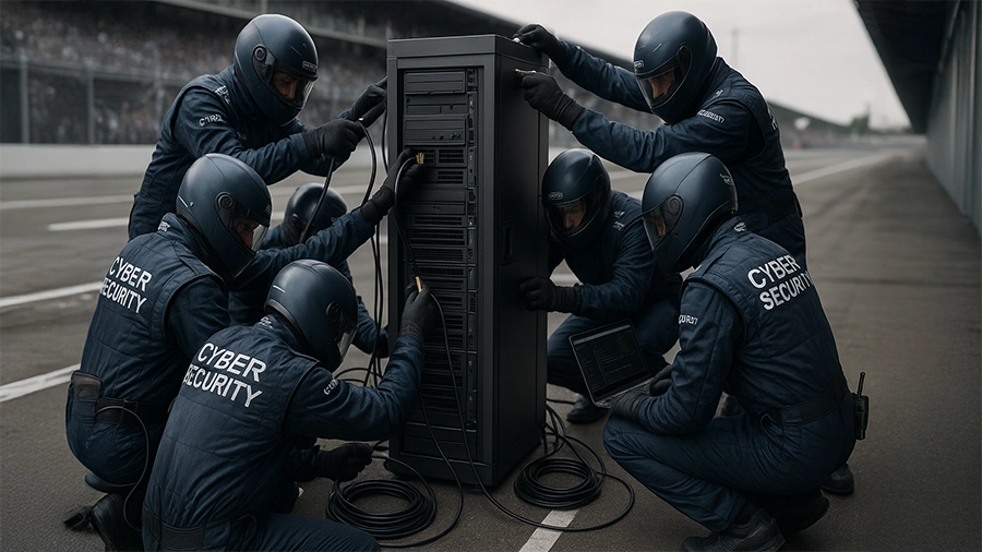 Formula 1 Team working on cyber security equipment.