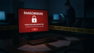 Computer screen displaying ransomware warning.