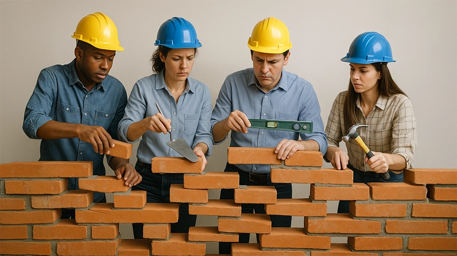 Construction workers building a wall showing gaps in cyber project management.