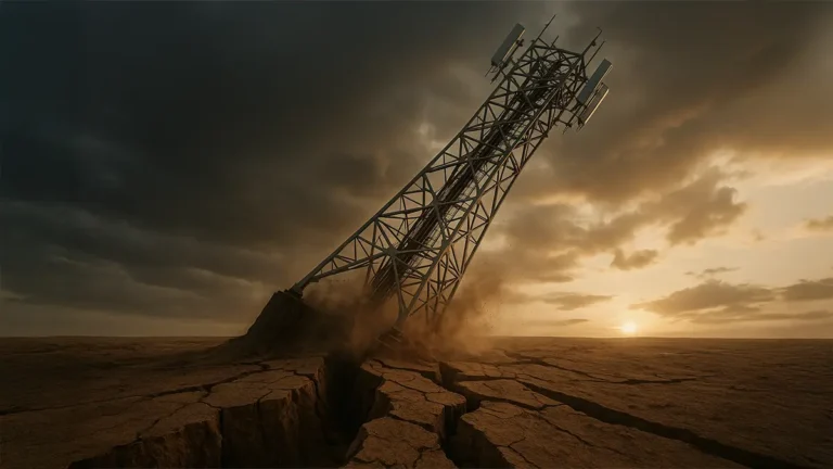 Telecommunications tower tumbling to the ground signifying the revolutionary TSA requirements of March 2027