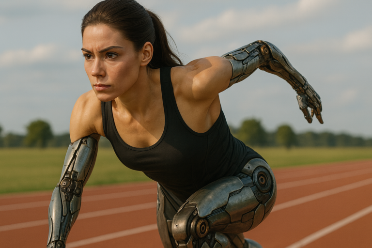 Athlete with robotic arm in motion for risk assessment fitness industry vs cyber security