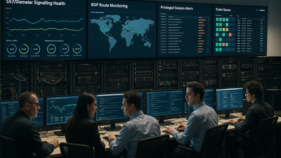 Team monitoring network performance and alerts.