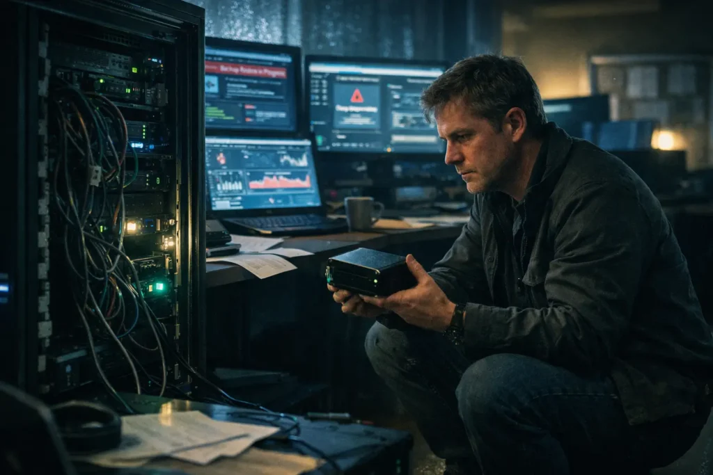 IT engineer isolates a compromised server in a school district data room during a nighttime ransomware response.