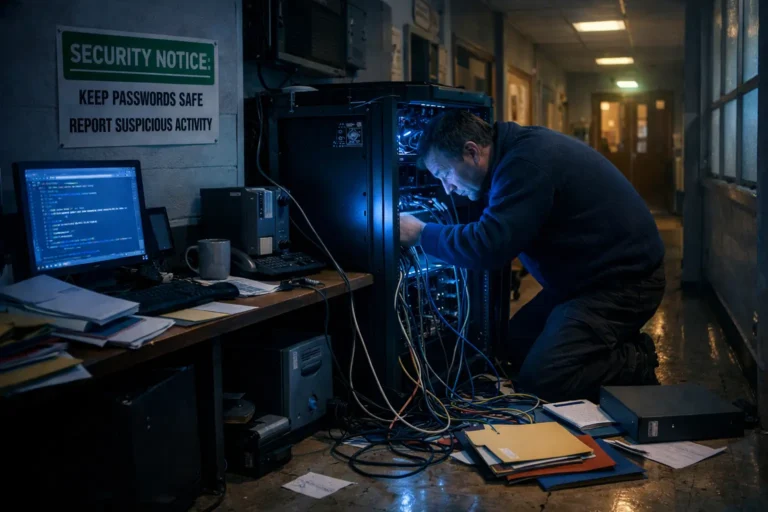 School IT engineer examines server cables in dim office after a cyber breach, monitor casting blue light.