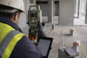 Surveyor taking precise site measurements illustrating cyber security management services