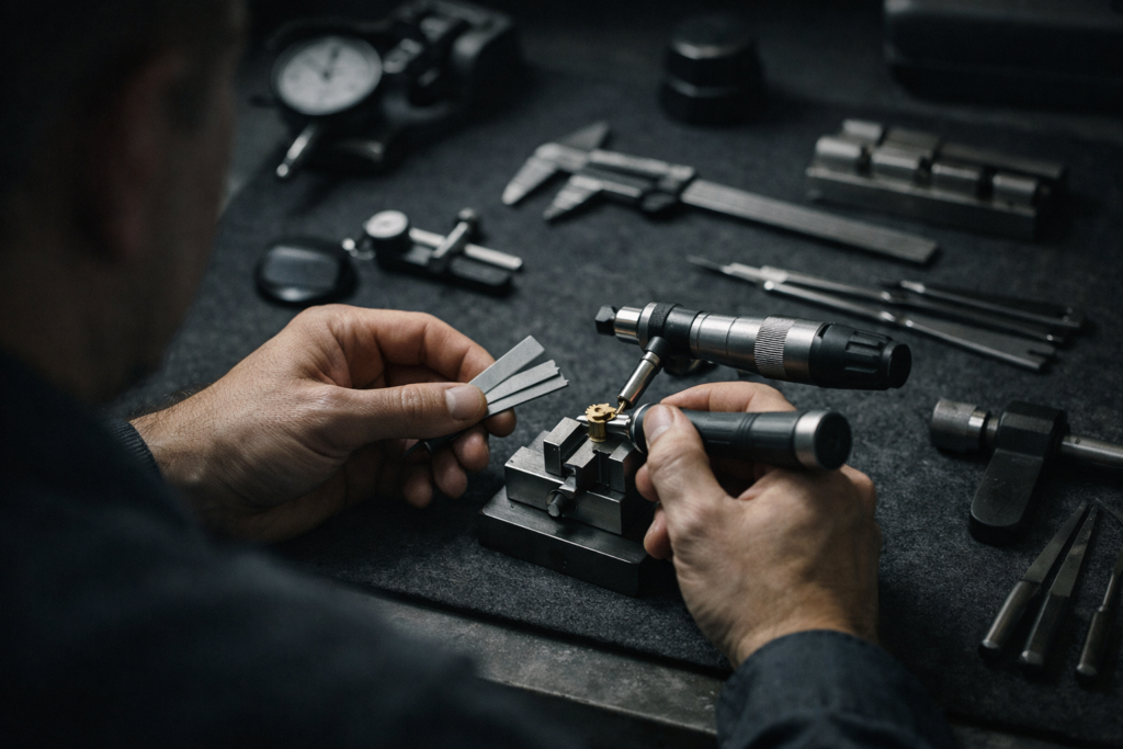 Technician calibrating micrometer and gear-fitting illustrating the Vercel data breach incident
