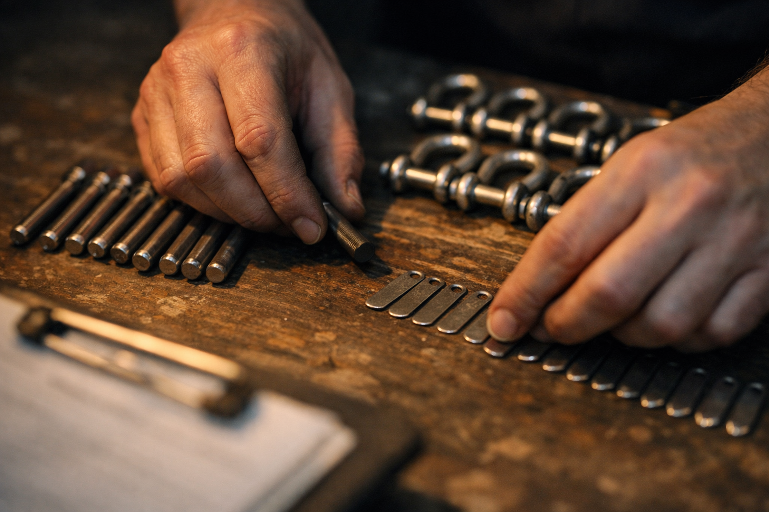 Stagehand arranging rigging pins and tags in preparation, metaphor for third-party breach setup