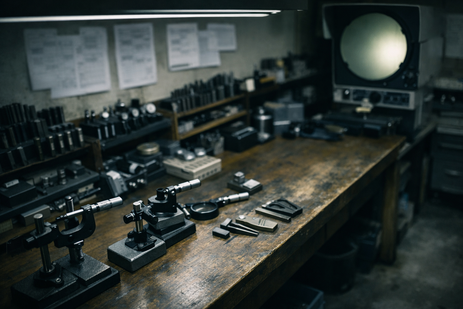Instrument workshop bench with micrometers and comparator, precise evidence gathering