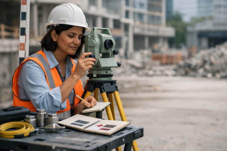 Surveyor with theodolite recording dimensions illustrating SOC monitoring hours
