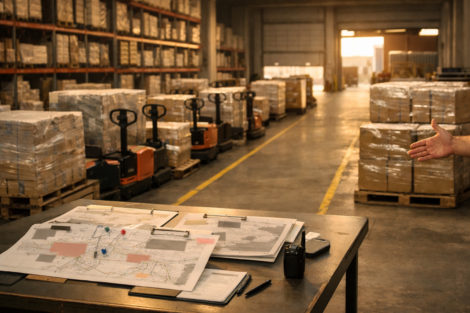 Freight dispatch bay showing routing workflow and SOC monitoring hours context