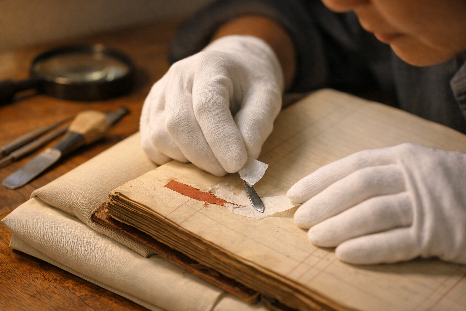 Conservator repairing a ledger, careful handling metaphor for SOC monitoring hours