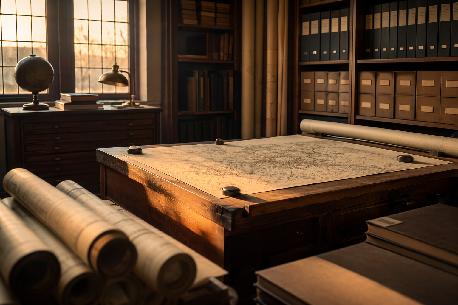 Archive table with nautical charts and ledgers, metaphor for project glasswing documentation