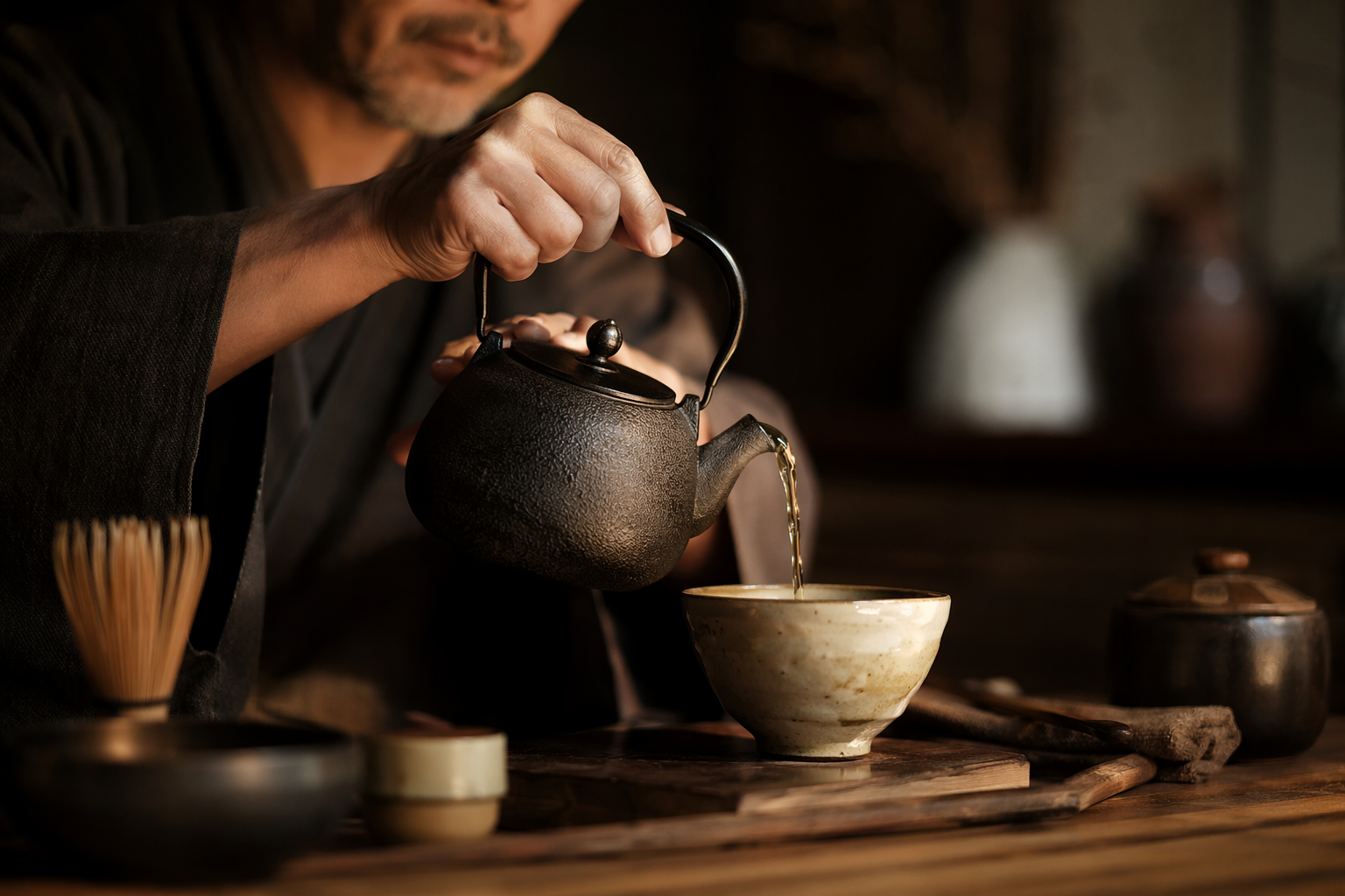 Hands performing a ceremonial pour, illustrating procedural care and repeatability