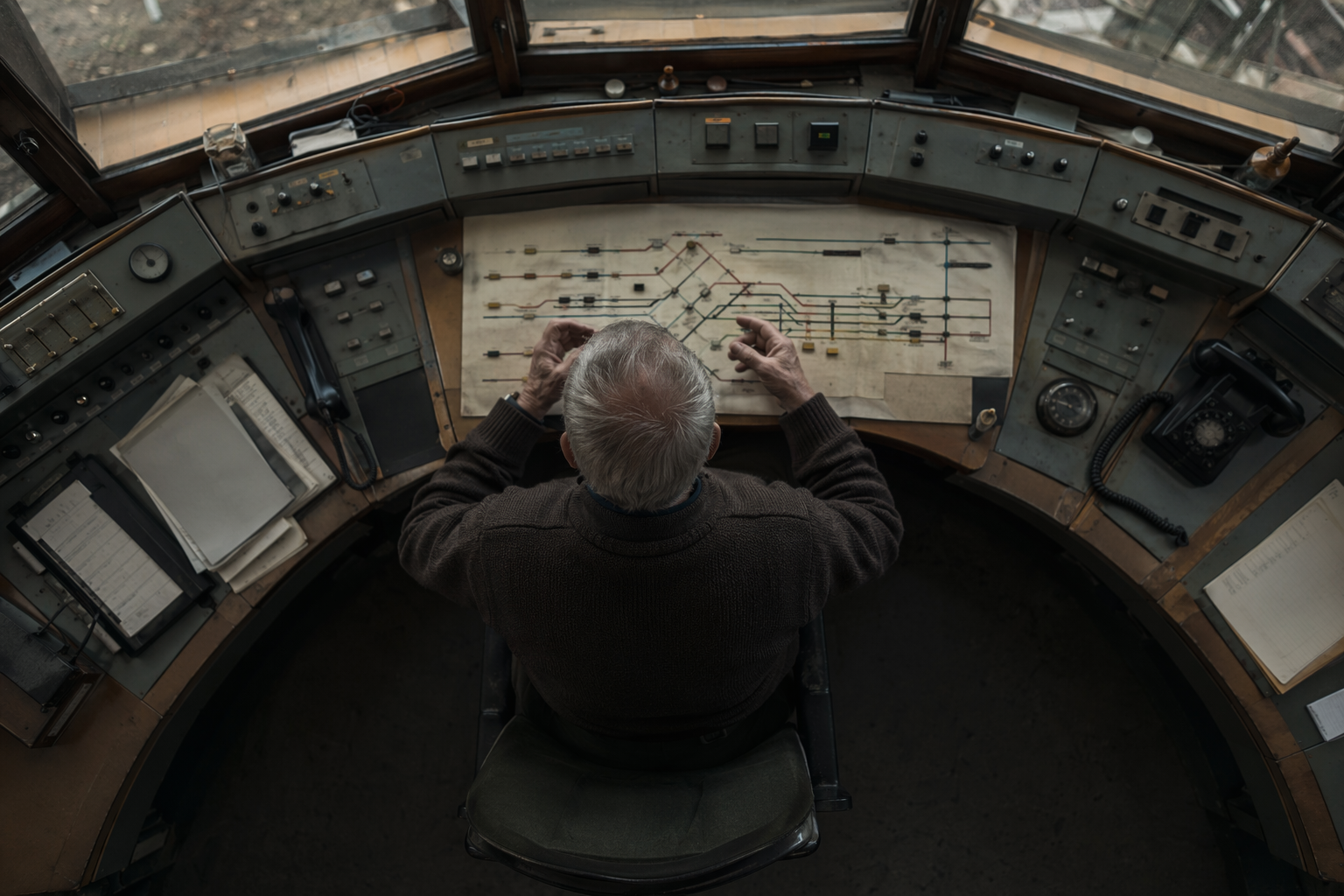 High-angle coordination room with signalbox operator, metaphor for project glasswing leadership