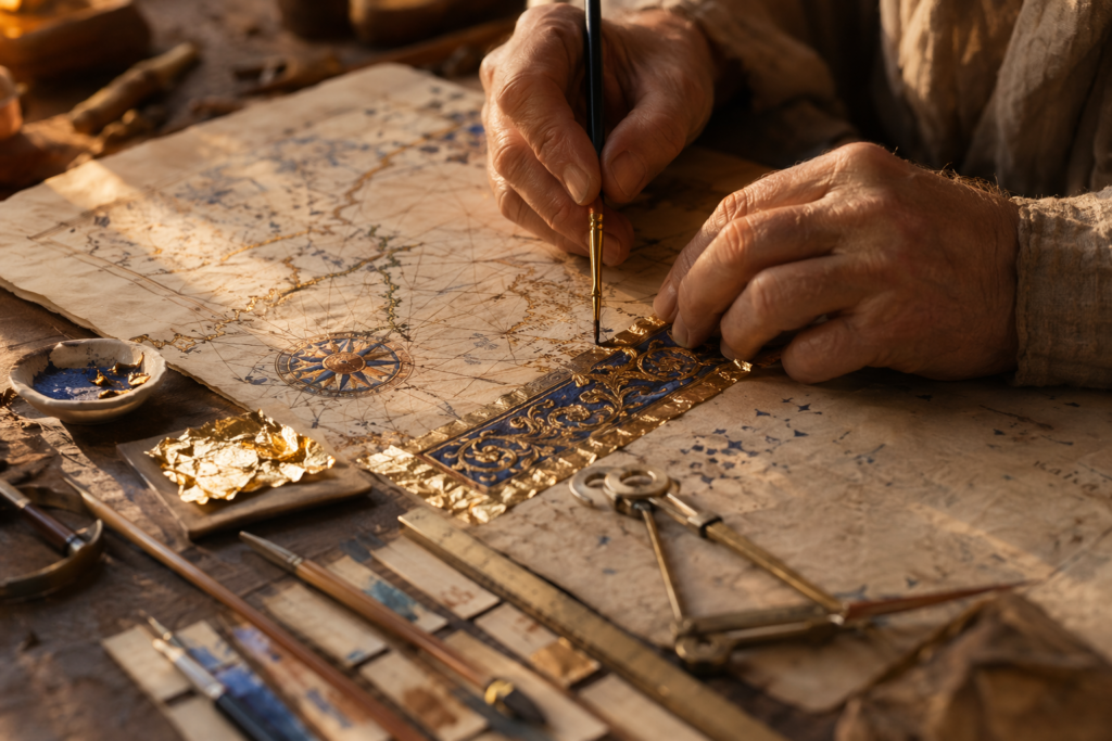 Close-up of a conservator's hands charting an inventory map — security assessment reference