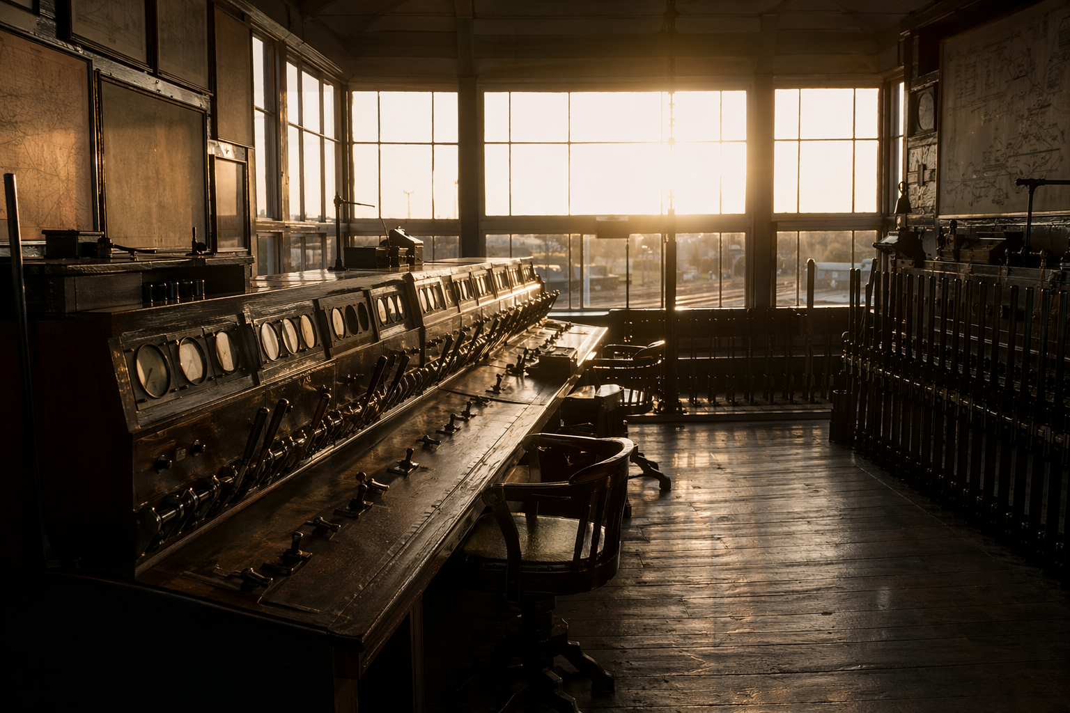 Empty signal-box control room staged as a coordination hub illustrating playbook structure
