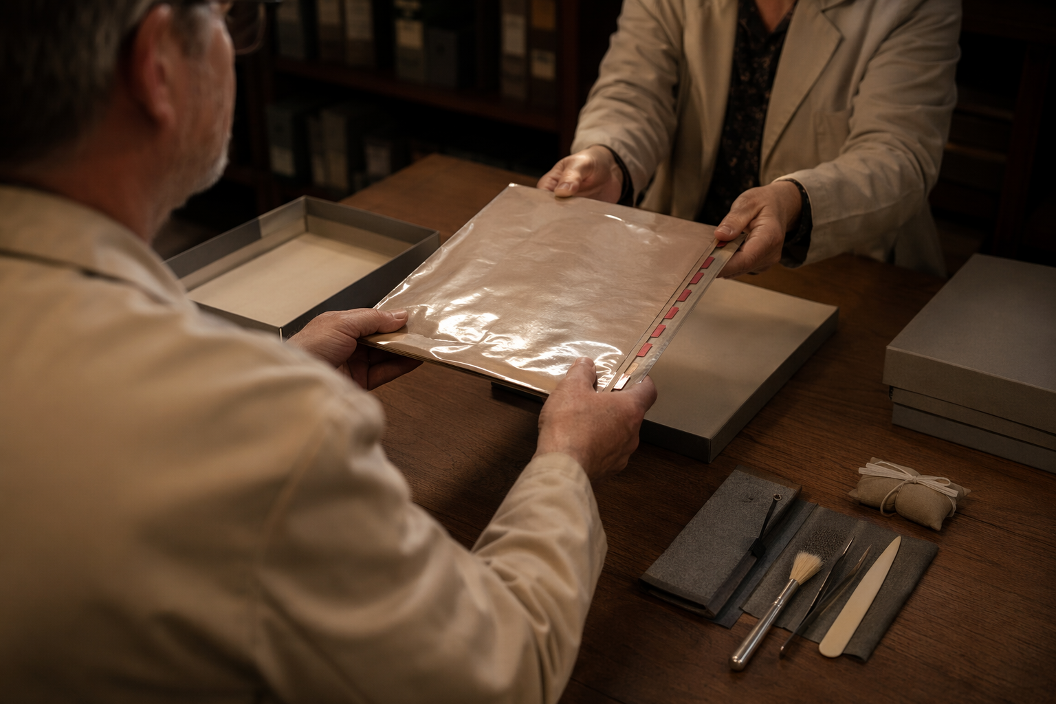 Librarian handing a folio to a colleague, a human exchange illustrating assignment in incident response
