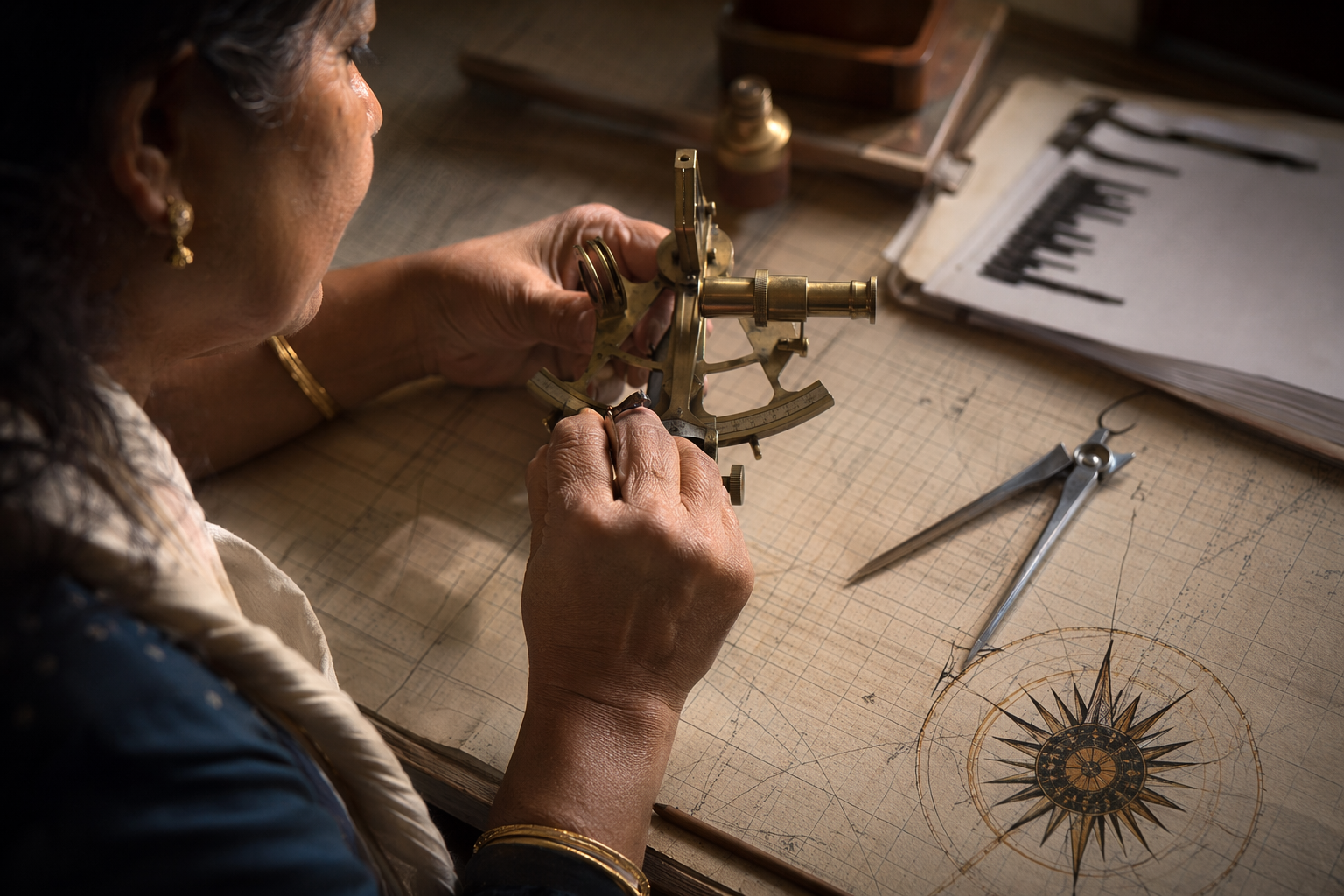 Close-up of bearings and sextant illustrating vCISO services inspection