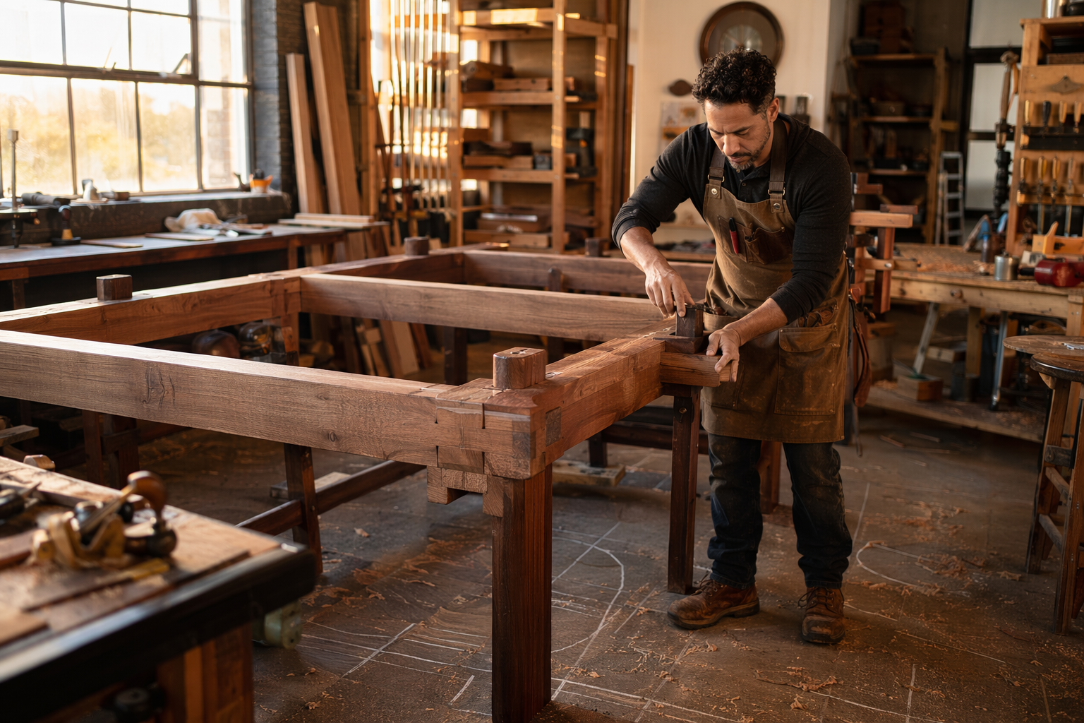 Workshop scene of joinery constructing a navigational table framework