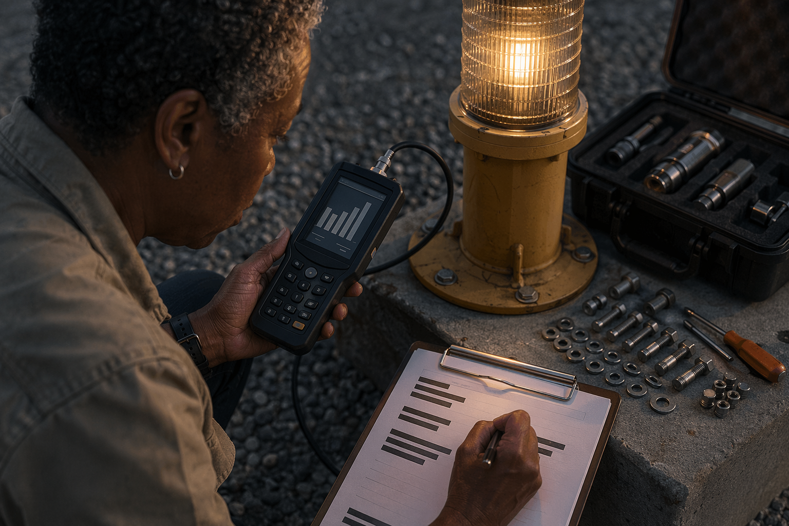 Engineer recording beacon calibration readings for vCISO services budgeting