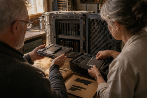 Two specialists configuring encrypted storage media for incident response planning