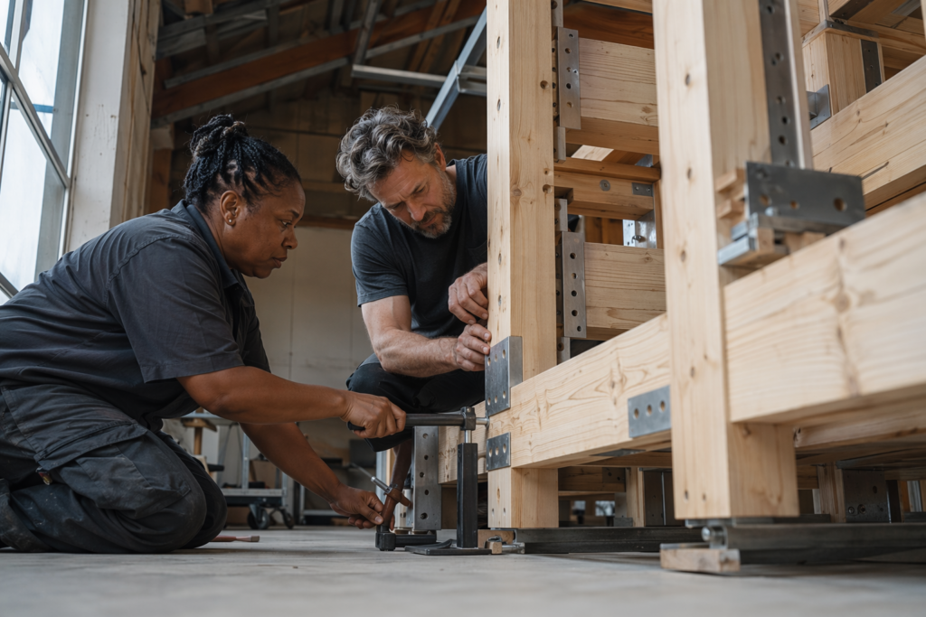 Carpenters assembling timber framework illustrating cyber risk in infrastructure