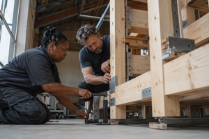 Carpenters assembling timber framework illustrating cyber risk in infrastructure