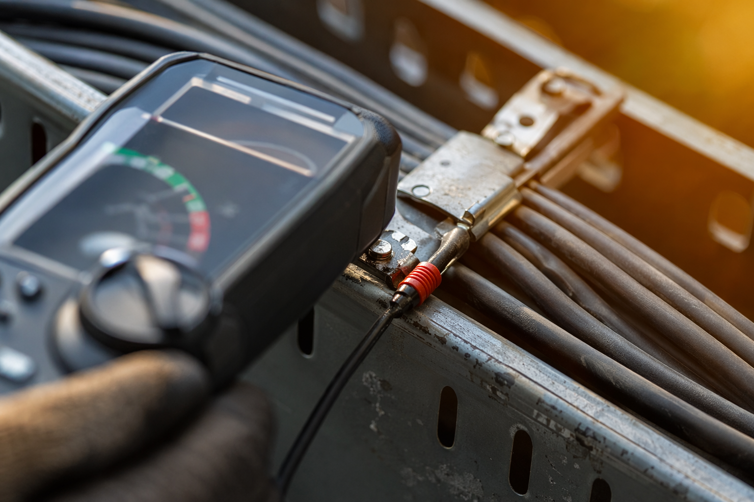 Close-up instrument reading beside cables, metaphor for cyber risk assessment