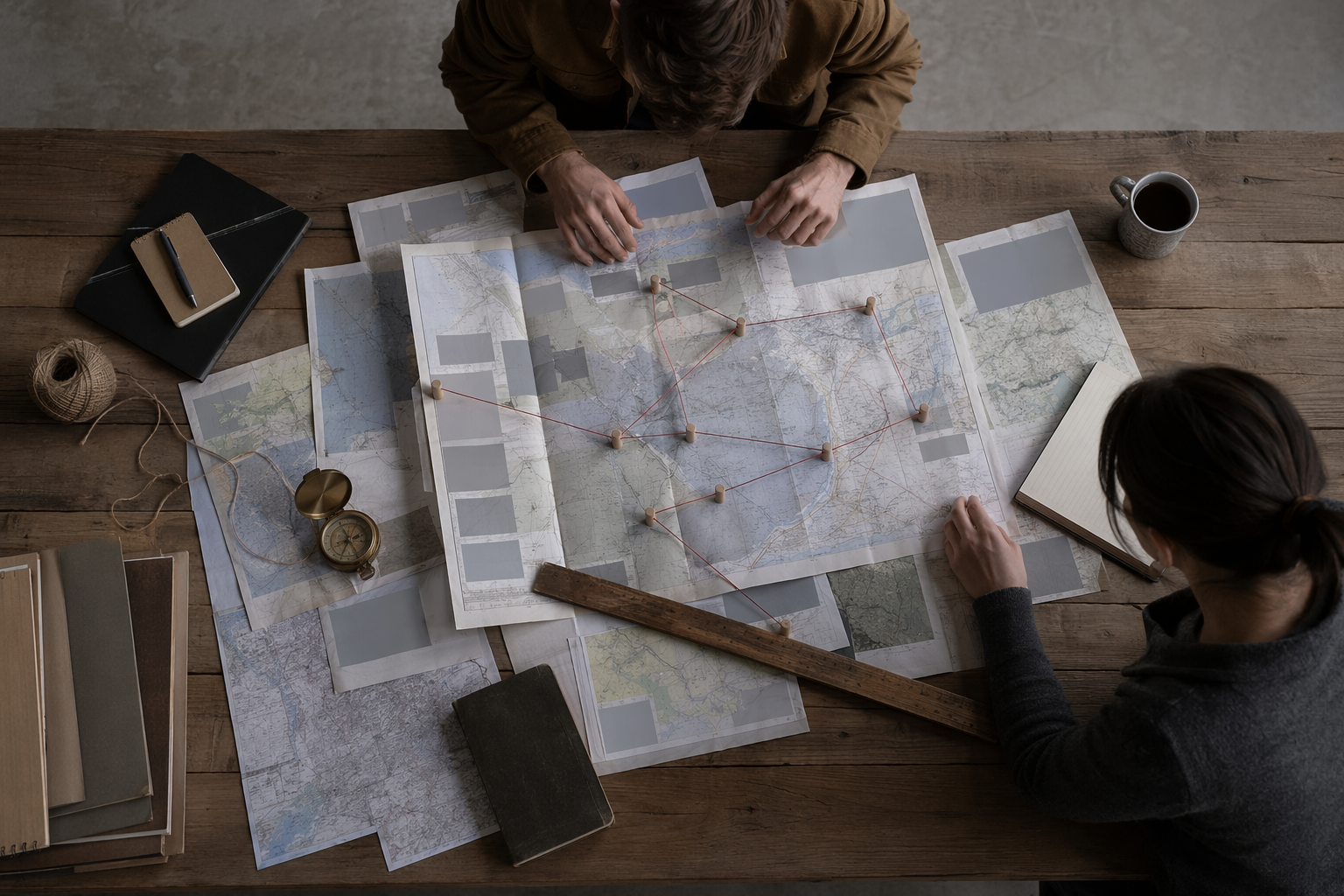 Wide planning table with compass and route pins suggesting cyber risk navigation