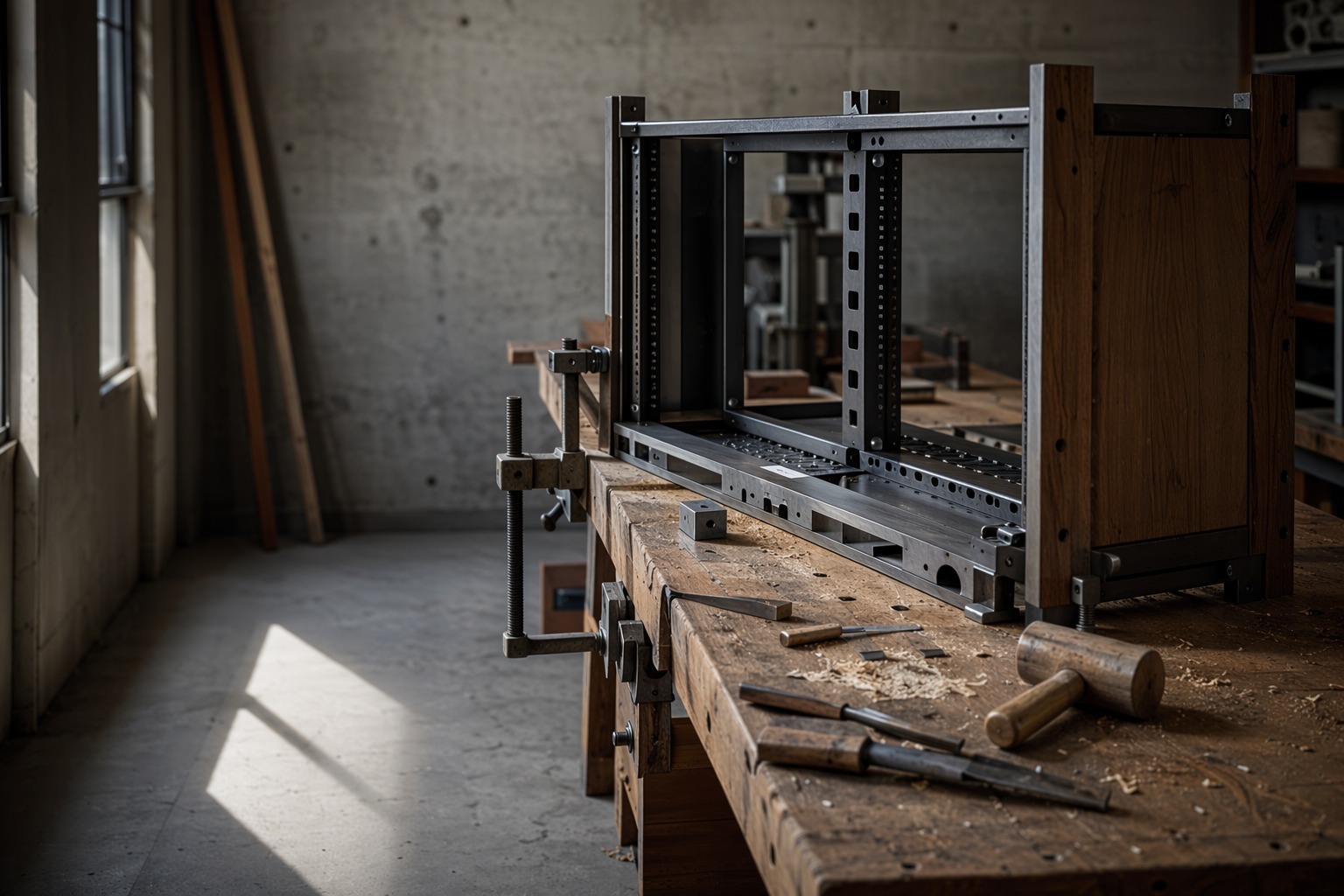 Half-built rack frame and hand tools on bench, carpentry assembly metaphor