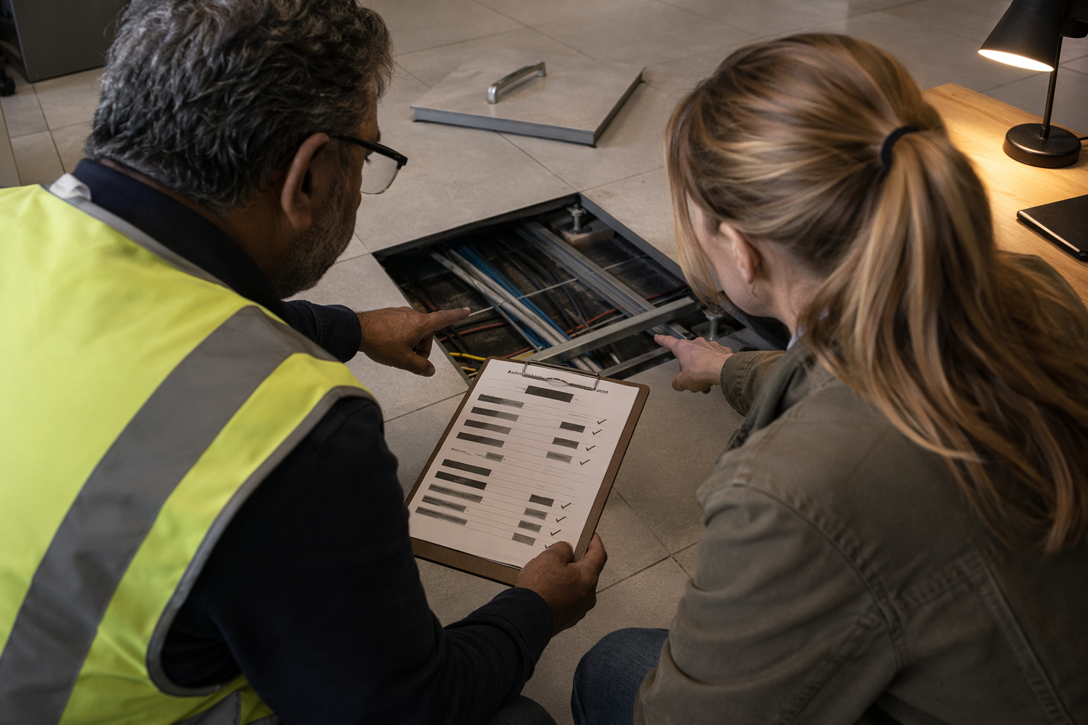 Technician and inspector with clipboard at raised floor hatch, assessing cyber risk costs