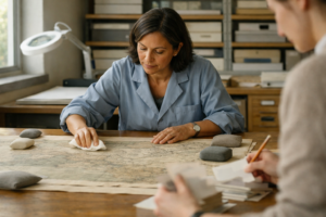Archivist documenting a map for Data Security Posture Management metaphor